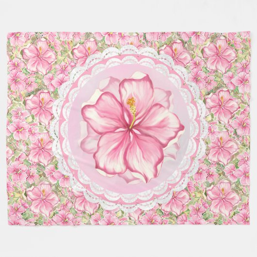 Hibiskus und Spitzen PINK Fleecedecke (Vorderseite (Horizontal))