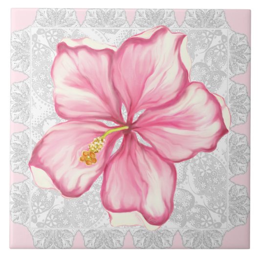 Hibiskus und Spitzen PINK Fliese (Vorderseite)