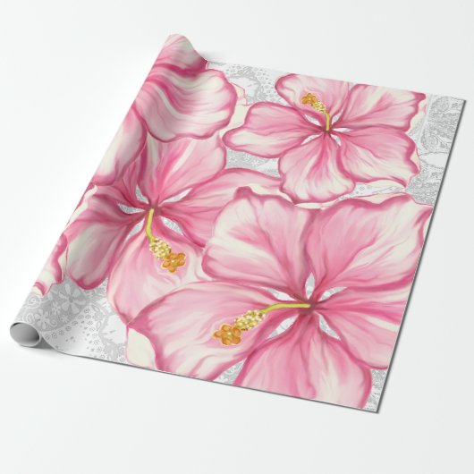 Hibiskus und Spitzen PINK Geschenkpapier (Ungerollt)