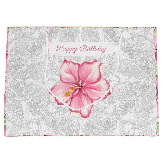 Hibiskus und Spitzen PINK Große Geschenktüte (Vorderseite)