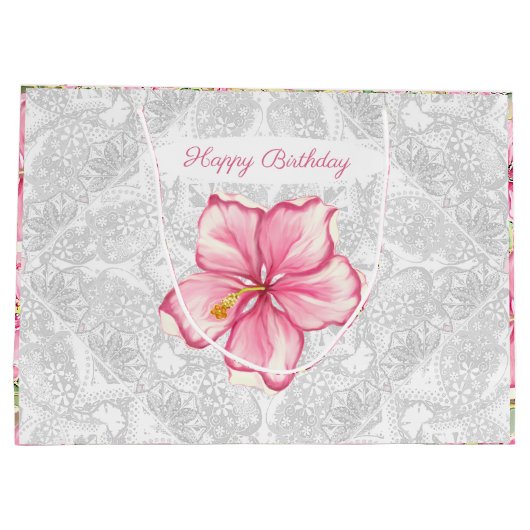 Hibiskus und Spitzen PINK Große Geschenktüte (Rückseite)