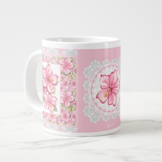 Hibiskus und Spitzen PINK Jumbo-Tasse (Vorderseite Links)