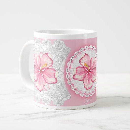 Hibiskus und Spitzen PINK Jumbo-Tasse (Vorderseite Links)