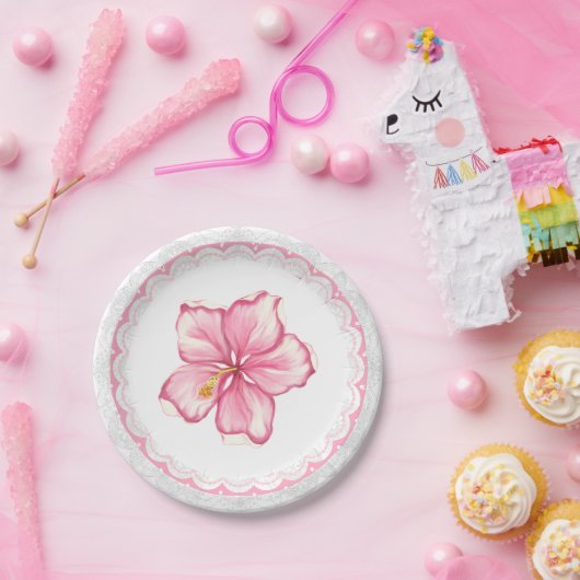 Hibiskus und Spitzen PINK Pappteller (Party)