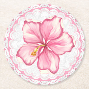 Hibiskus und Spitzen PINK Runder Pappuntersetzer