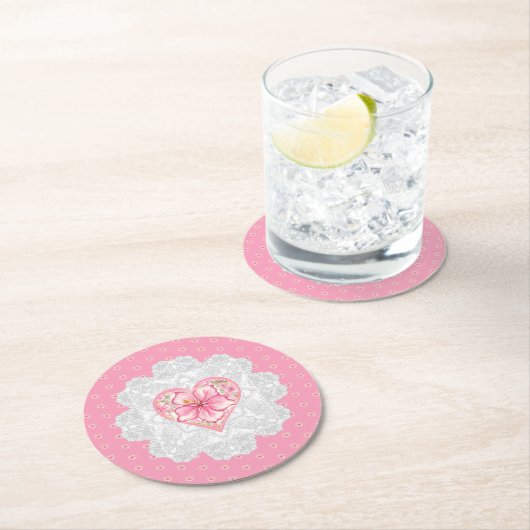 Hibiskus und Spitzen PINK Runder Pappuntersetzer (Vor Ort)