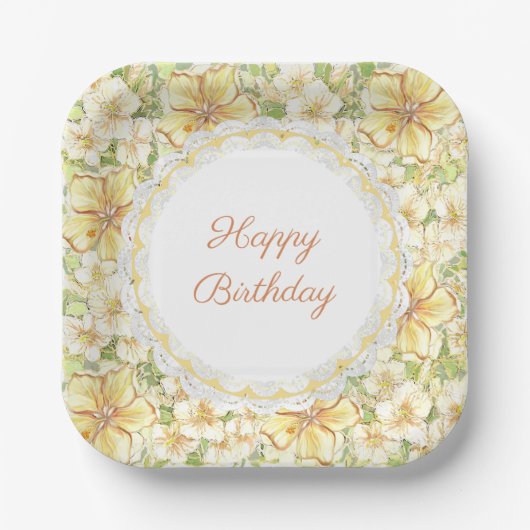 Hibiskus und Spitzen YELLOW Pappteller (Vorderseite)