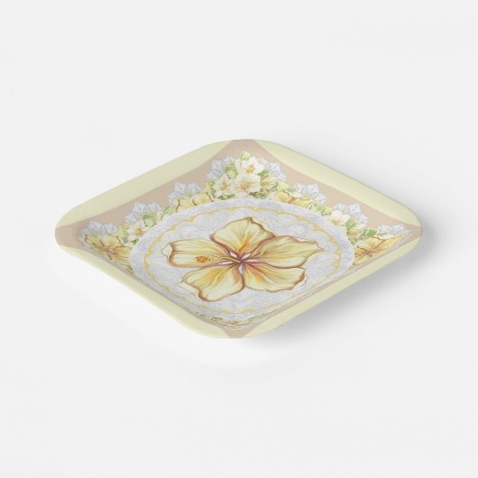 Hibiskus und Spitzen YELLOW Pappteller (Gewinkelt)