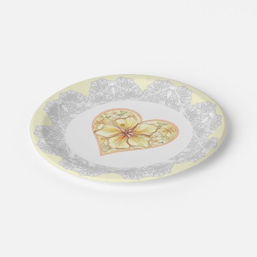 Hibiskus und Spitzen YELLOW Pappteller (Schrägansicht)