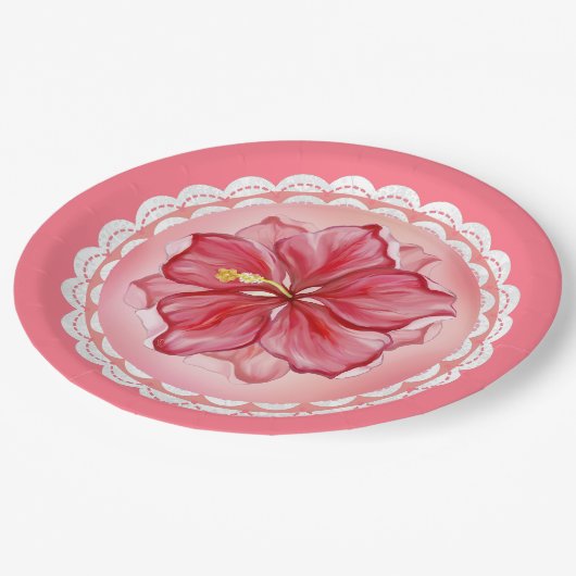 Hibiskus und Spitzenleistung ROT Pappteller (Schrägansicht)