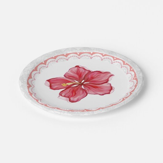 Hibiskus und Spitzenleistung ROT Pappteller (Schrägansicht)