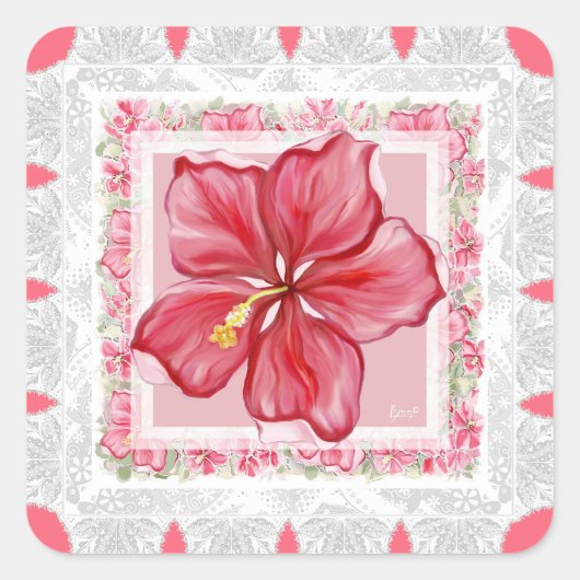 Hibiskus und Spitzenleistung ROT Quadratischer Aufkleber (Vorderseite)