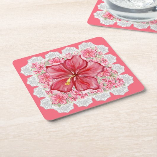 Hibiskus und Spitzenleistung ROT Rechteckiger Pappuntersetzer (angewinkelt)