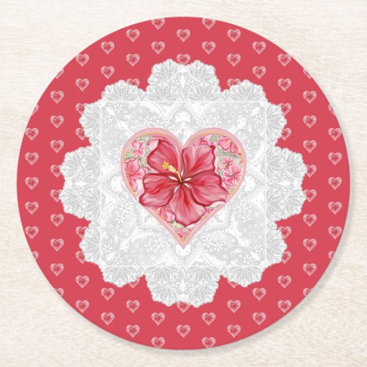 Hibiskus und Spitzenleistung ROT Runder Pappuntersetzer (Vorderseite)