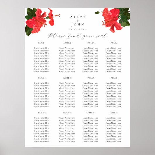 Hibiskus Wedding Poster Sitzkarten (Vorne)