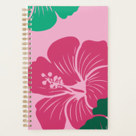 Hibiskusblüte in heißem Rosa mit grünen Blättern Planer