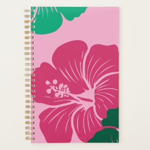 Hibiskusblüte in heißem Rosa mit grünen Blättern Planer