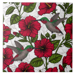 Hibiskusblüten und Kolibris Fliese