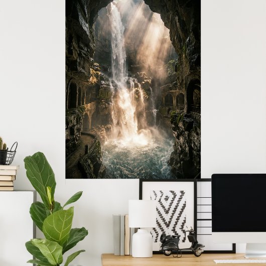 Hidden Cave Waterfall Sunlight Rays Poster (Heimbüro)