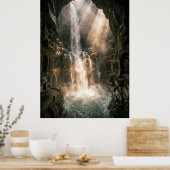 Hidden Cave Waterfall Sunlight Rays Poster (Küche)