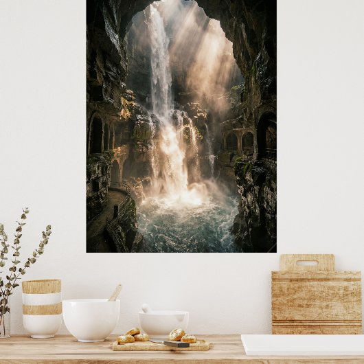 Hidden Cave Waterfall Sunlight Rays Poster (Küche)