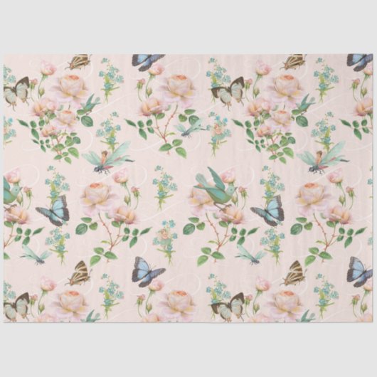 Hidden Fairy Blush Pink Floral Dragonfly Butterfly Seidenpapier (Vorderseite)
