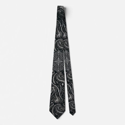 Hidden Skull & Spine Paisley | Silver Black Gothic Krawatte (Vorderseite)