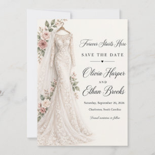 Hier beginnt die Ewigkeit Brautkleid Save the Date Einladung