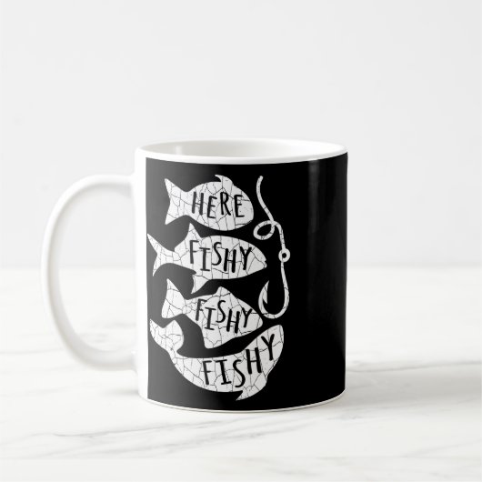 Hier Fisch Funny Gift für Angelfreunde Vater Kaffeetasse (Links)