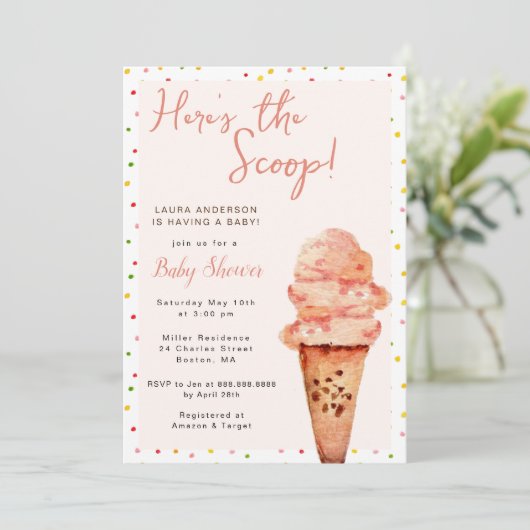 Hier ist das Scoop Baby Girl Brautparty Einladung (Stehend Vorderseite)