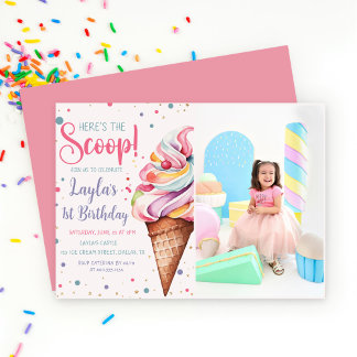 Hier ist das Scoop Ice Cream 1. Geburtstag Foto Einladung