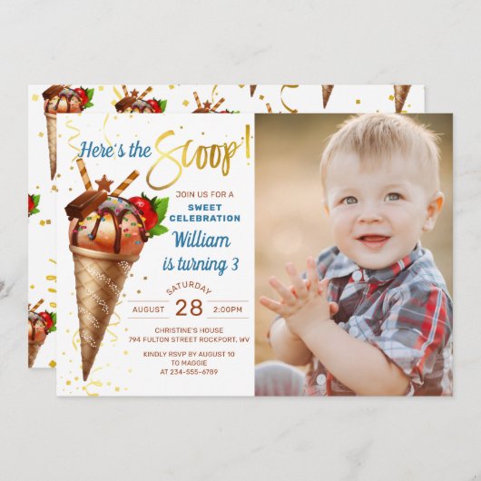 Hier ist das Scoop Ice Cream Birthday Party Foto Einladung (Vorne/Hinten)
