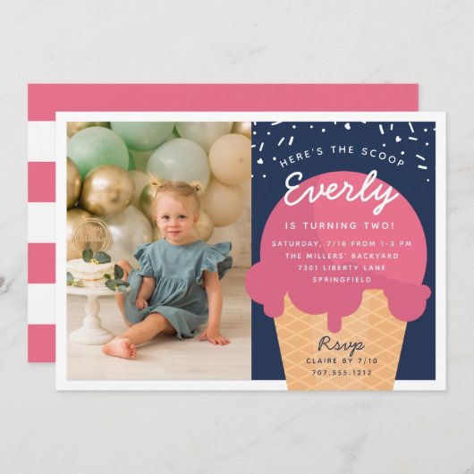 Hier ist das Scoop Ice Cream Cone Kid Birthday Fot Einladung (Vorne/Hinten)