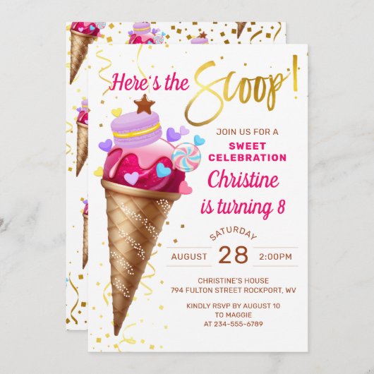 Hier ist das Scoop Pink Gold Ice Cream Birthday Einladung (Vorne/Hinten)