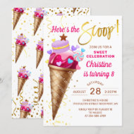 Hier ist das Scoop Pink Gold Ice Cream Birthday Einladung