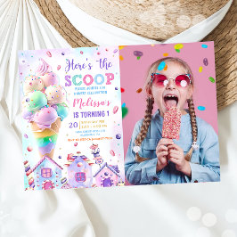 Hier ist das Scoop Pink Ice Cream Birthday Foto Einladung