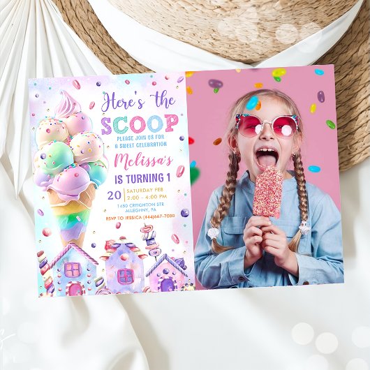 Hier ist das Scoop Pink Ice Cream Birthday Foto Einladung