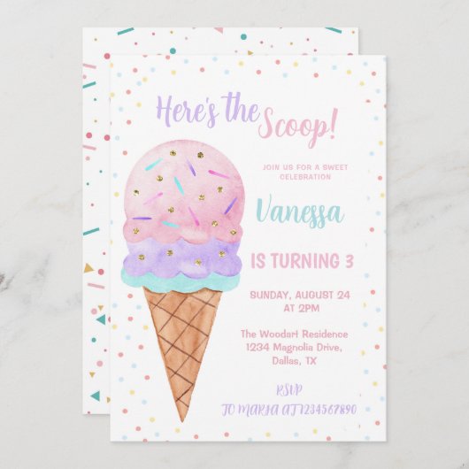 Hier ist das Scoop Pink Ice Cream Girl Birthday Einladung (Vorne/Hinten)