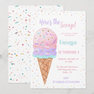 Hier ist das Scoop Pink Ice Cream Girl Birthday Einladung