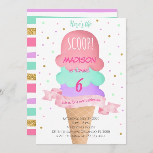 Hier ist der Scoop Colorful Ice Cream Einladung (Vorne/Hinten)