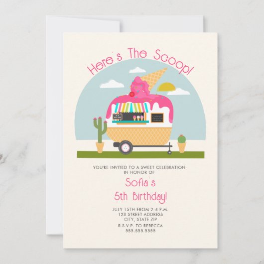 Hier ist der Scoop Hot Pink Ice Cream Truck Geburt Einladung (Vorderseite)