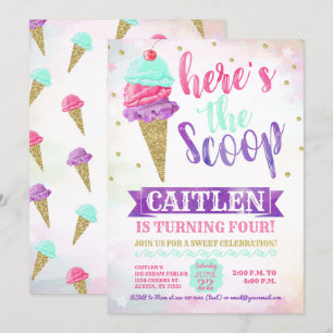 Hier ist der Scoop Ice Cream Gold Glitzer Geburtst Einladung