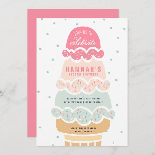 Hier ist der Scoop Pink Ice Cream Birthday Invite Einladung (Vorne/Hinten)