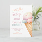 Hier ist die Schotterpastel Pink Ice Cream Geburts Einladung (Stehend Vorderseite)