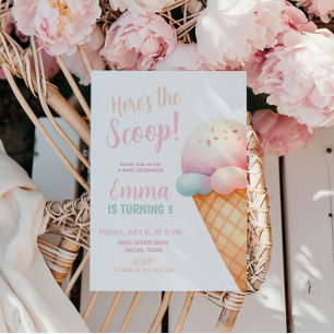 Hier ist die Schotterpastel Pink Ice Cream Geburts Einladung