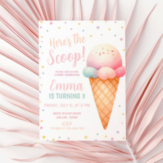 Hier ist die Schotterpastel Pink Ice Cream Geburts Einladung