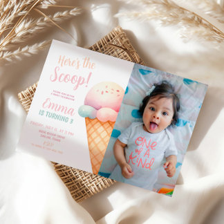 Hier ist die Schotterpastel Pink Ice Cream Geburts Einladung