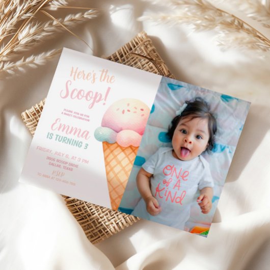 Hier ist die Schotterpastel Pink Ice Cream Geburts Einladung