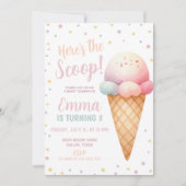 Hier ist die Schotterpastel Pink Ice Cream Geburts Einladung (Vorderseite)