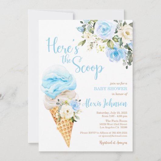 Hier ist die Scoop Baby Shower (Boy) Einladung (Vorderseite)